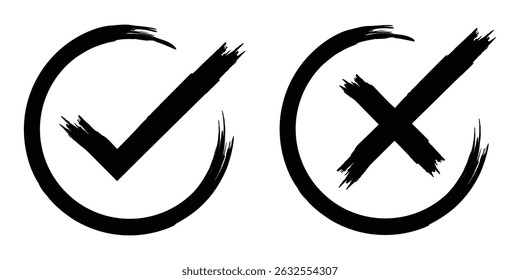 Grunge tick and cross mark icon collection. Hand drawn check mark and cross mark in grunge style. Tick mark symbol. Vector illustration. EPS 10