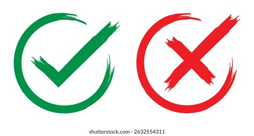 Grunge tick and cross mark icon collection. Hand drawn check mark and cross mark in grunge style. Tick mark symbol. Vector illustration. EPS 10