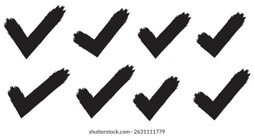 Grunge tick icon collection. Black checkmark sign set. V brush strokes