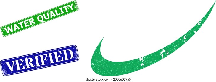 Grunge tick mark icon and rectangular rubber Water Quality stamp. Vector green Water Quality and blue Verified seals with grunge rubber texture, designed for tick mark illustration.