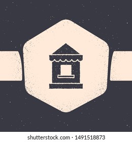 Grunge Ticket box office icon isolated on grey background. Ticket booth for the sale of tickets for attractions and sports. Monochrome vintage drawing. Vector Illustration