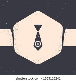 Grunge Tie with four leaf clover icon isolated on grey background. Necktie and neckcloth symbol. Happy Saint Patricks day. Monochrome vintage drawing. Vector Illustration