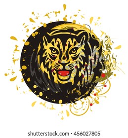 Grunge tiger circle. Tribal young growling tiger head splashes in a circle 