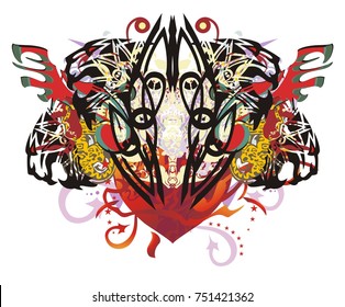 Grunge tiger heart. Abstract majestic flaming heart created by the aggressive tigers heads with elements of a jaguar, red wings and arrows, linear patterns and colorful splashes