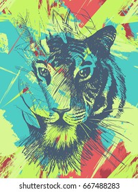 Grunge tiger under leaves. Vintage wild cat in jungle. Retro tropical animal. Vector