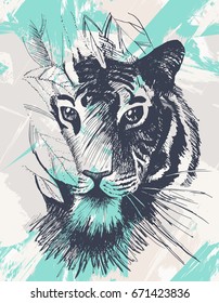 Grunge tiger under leaves. Vintage wild cat in jungle. Retro tropical animal. Vector