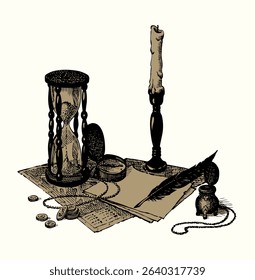 Grunge time age worn holy god law papyrus map book page diary blank white card text space. Black line hand drawn writer dollar coin cash mail sign icon engrav biblic faith wisdom art sketch still life