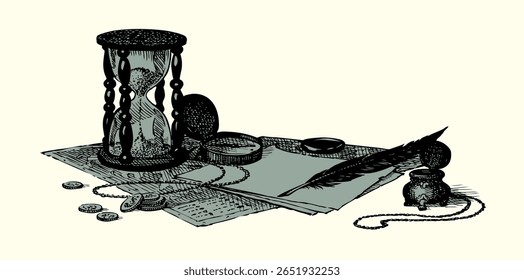 Grunge time age worn holy god law papyrus map book page diary blank white card text space. Black line hand drawn writer dollar coin cash mail sign icon engrav biblic faith wisdom art sketch still life