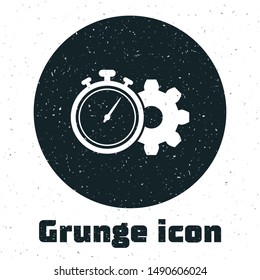 Grunge Time Management icon isolated on white background. Clock and gear sign. Productivity symbol.  Vector Illustration