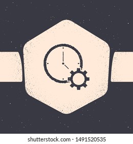 Grunge Time Management icon isolated on grey background. Clock and gear sign. Productivity symbol. Monochrome vintage drawing. Vector Illustration