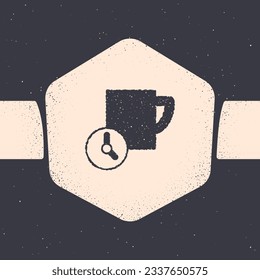 Icono de gestión de tiempo de borrado aislado en fondo gris. Señal de reloj y taza de café. Símbolo de productividad. Dibujo vintage monocromo. Vector