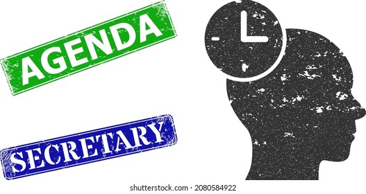 Grunge time management icon and rectangle rubber Agenda seal stamp. Vector green Agenda and blue Secretary watermarks with grunge rubber texture, designed for time management illustration.
