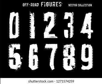 Grunge tire figures. Unique off road lettering in white colour isolated on a black background. Editable vector illustration. Grunge typography useful for automotive poster, print, leaflet design.