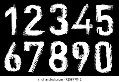 Grunge tire figures. Unique off road isolated lettering in a white colour on a black background. Vector illustration. Creative numbers collection.