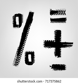 Grunge tire glyphs. Double-oh-seven, plus, minus, dash. Unique off road isolated lettering in a black colour on a light grey background. Vector illustration. Creative typography collection.