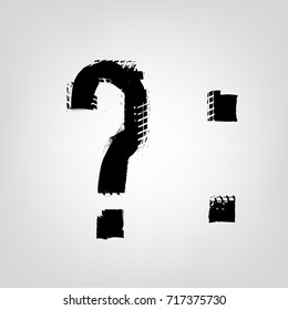 Grunge tire glyphs. Question mark and colon. Unique off road isolated lettering in a black colour on a light grey background. Vector illustration. Creative typography collection.