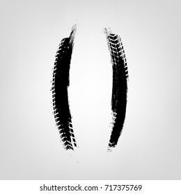 Grunge tire glyphs. Round brackets. Unique off road isolated lettering in a black colour on a light grey background. Vector illustration. Creative typography collection.
