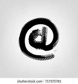 Grunge tire glyphs. At sign. Unique off road isolated lettering in a black colour on a light grey background. Vector illustration. Creative typography collection.