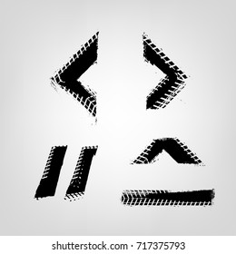 Grunge tire glyphs. Unique off road isolated lettering in a black colour on a light grey background. Vector illustration. Creative typography collection.