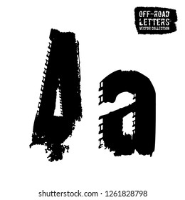 Grunge tire letter A. Unique off road lettering in a black colour isolated on a white background. Editable vector illustration. Grunge typography useful for automotive poster, print, leaflet design.