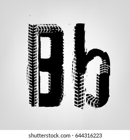 Grunge tire letter B. Unique off road isolated lettering in a black colour. Vector illustration.