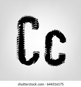 Grunge tire letter C. Unique off road isolated lettering in a black colour. Vector illustration.