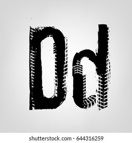 Grunge tire letter D. Unique off road isolated lettering in a black colour. Vector illustration.