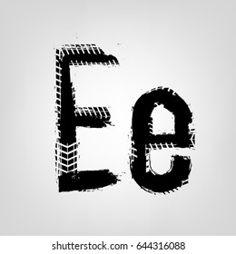 Grunge tire letter E. Unique off road isolated lettering in a black colour. Vector illustration.