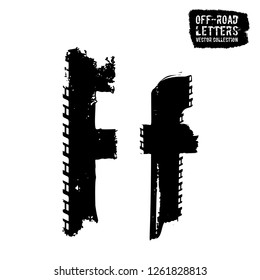 Grunge tire letter F. Unique off road lettering in a black colour isolated on a white background. Editable vector illustration. Grunge typography useful for automotive poster, print, leaflet design.
