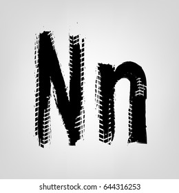 Grunge tire letter N. Unique off road isolated lettering in a black colour. Vector illustration.