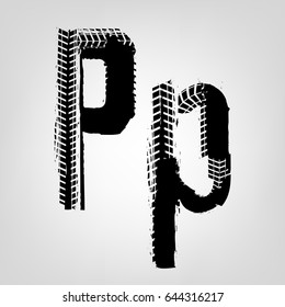 Grunge tire letter P. Unique off road isolated lettering in a black colour. Vector illustration.