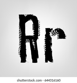 Grunge tire letter R. Unique off road isolated lettering in a black colour. Vector illustration.