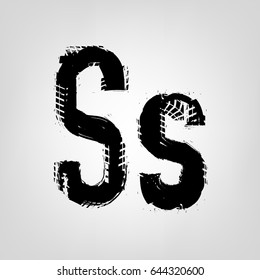 Grunge tire letter S. Unique off road isolated lettering in a black colour. Vector illustration.