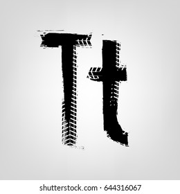 Grunge tire letter T. Unique off road isolated lettering in a black colour. Vector illustration.