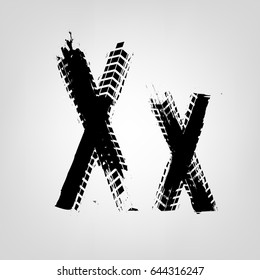 Grunge tire letter X. Unique off road isolated lettering in a black colour. Vector illustration.