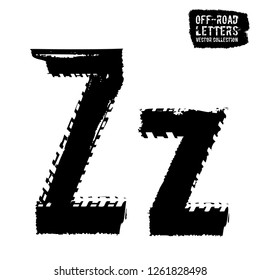 Grunge tire letter Z. Unique off road lettering in a black colour isolated on a white background. Editable vector illustration. Grunge typography useful for automotive poster, print, leaflet design.