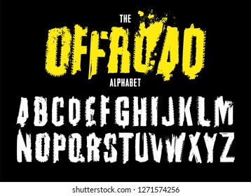 Grunge tire letters. Unique off road lettering in white colour isolated on a black background. Editable vector illustration. Grunge typography useful for automotive poster, print, leaflet design.