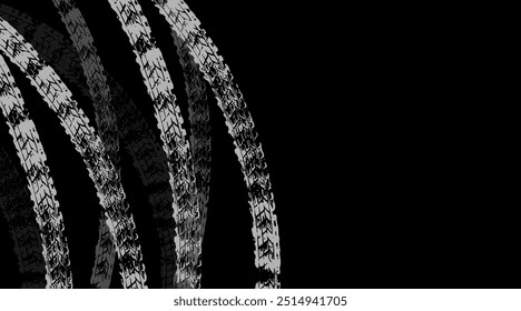 Grunge tire marks on black background, template for business card with copy space. Vector illustration.