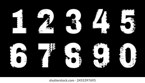 Grunge tire textured figures and numbers. Off road lettering in a white color isolated on black background. Editable vector illustration. Grunge typography useful for automotive poster, print design.