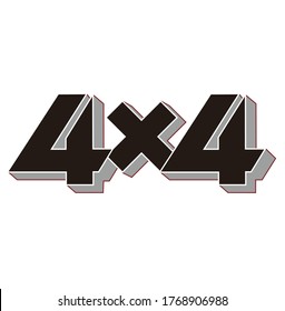 Grunge tire track 4x4 letters. Unique off road isolated lettering in black colour on a white background. Vector illustration.