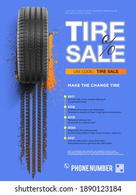 Grunge tire track background for landscape poster, digital banner, flyer, booklet, brochure and web design. Realistic wheel car.