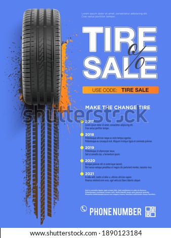 Grunge tire track background for landscape poster, digital banner, flyer, booklet, brochure and web design. Realistic wheel car.