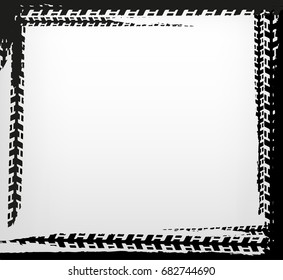 Grunge tire track frame in square shape. Beautiful vector illustration in dark grey colours isolated on a white background. 