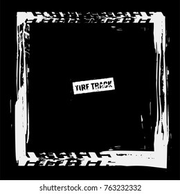 Grunge tire track frame in square shape. Beautiful vector illustration in white color isolated on a dark grey background. It is useful in 4x4 cars, extreme sport or off-road rallies design materials.