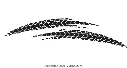 Grunge tire track. Tire tread or wheel braking track. Car and motorcycle tread pattern. Dirty grunge texture of wheel. Vector illustration.