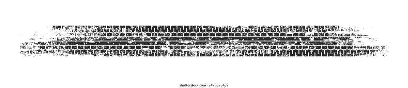 Grunge tire track, wheel braking marks. Truck, car or motorcycle tread pattern silhouette. Auto race, motorsport, speed racing design element. Vector illustration
