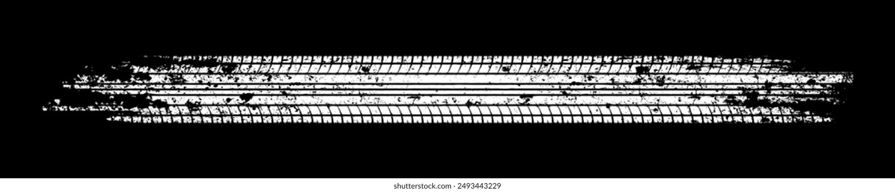 Grunge tire track, wheel braking marks. White truck, car or motorcycle tread pattern silhouette. Auto race, motorsport, speed racing design element. Vector illustration