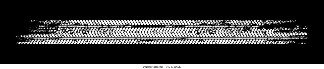 Grunge tire track, wheel braking marks. White truck, car or motorcycle tread pattern silhouette. Auto race, motorsport, speed racing design element. Vector illustration.