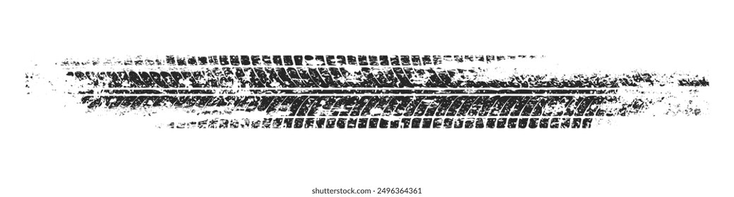 Grunge tire track, wheel braking marks. Truck, car or motorcycle tread pattern silhouette. Auto race, motorsport, speed racing design element. Vector illustration