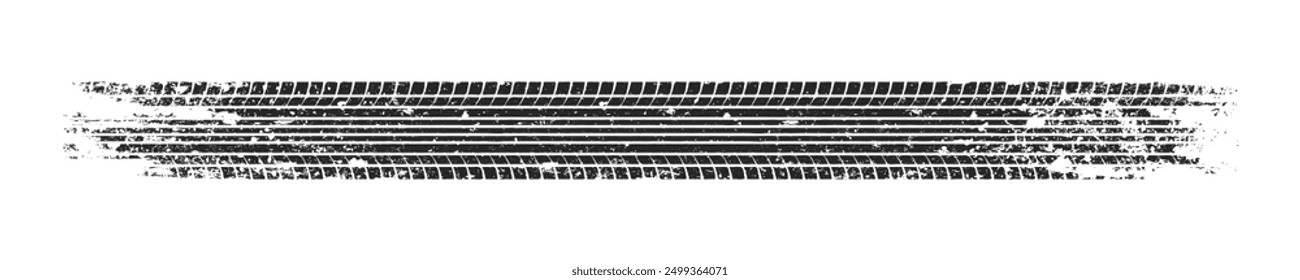 Grunge tire track, wheel braking marks. Truck, car or motorcycle tread pattern silhouette. Auto race, motorsport, speed racing design element. Vector illustration